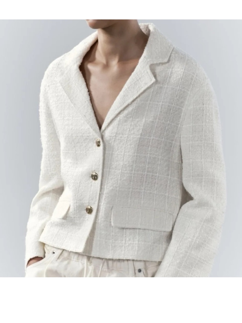 NWT Zara Ivory Textured Tweed Blazer with Gold Buttons